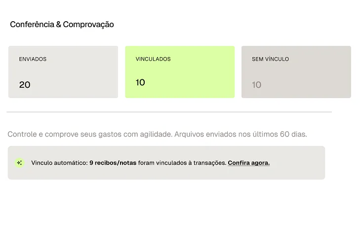 Painel de Conferência & Comprovação da Conta Simples com os contadores de arquivos enviados (20), vinculados (10) e sem vínculo (10) e o aviso de vínculo automático de 9 recibos e notas às transações